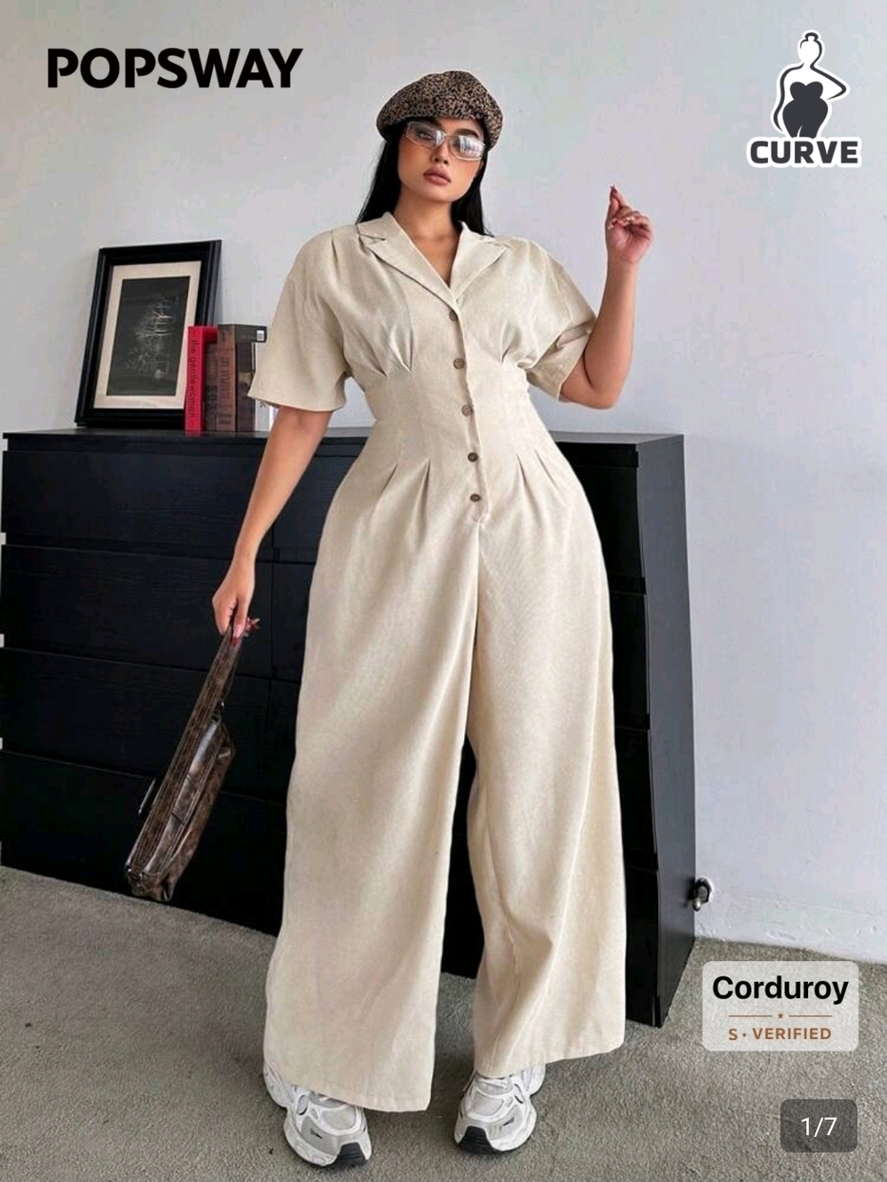 SHEIN Cream Corduroy Wide-Leg Jumpsuit
